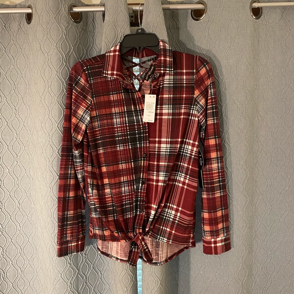 Almost famous front tie plaid shirt